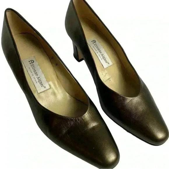 Etienne Aigner Women's Vintage Metallic Green Brown Leather Pumps Size 9 - Picture 12 of 14